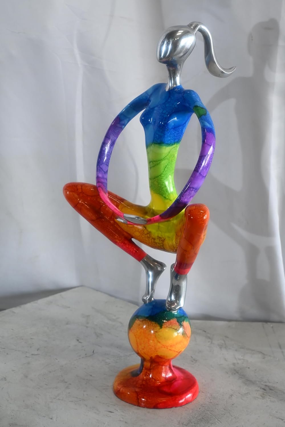 Rainbow Yoga Woman Meditating on Sphere Painted Aluminum 12"x10"x22"H