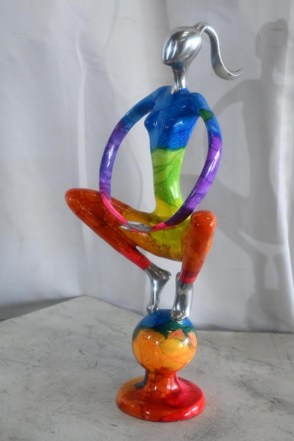Rainbow Yoga Woman Meditating on Sphere Painted Aluminum 12"x10"x22"H