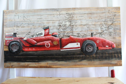 NIFAO Formula One Inspired Red Racing Car 3D Metal Art on Wood 79" x 2" x 40"H