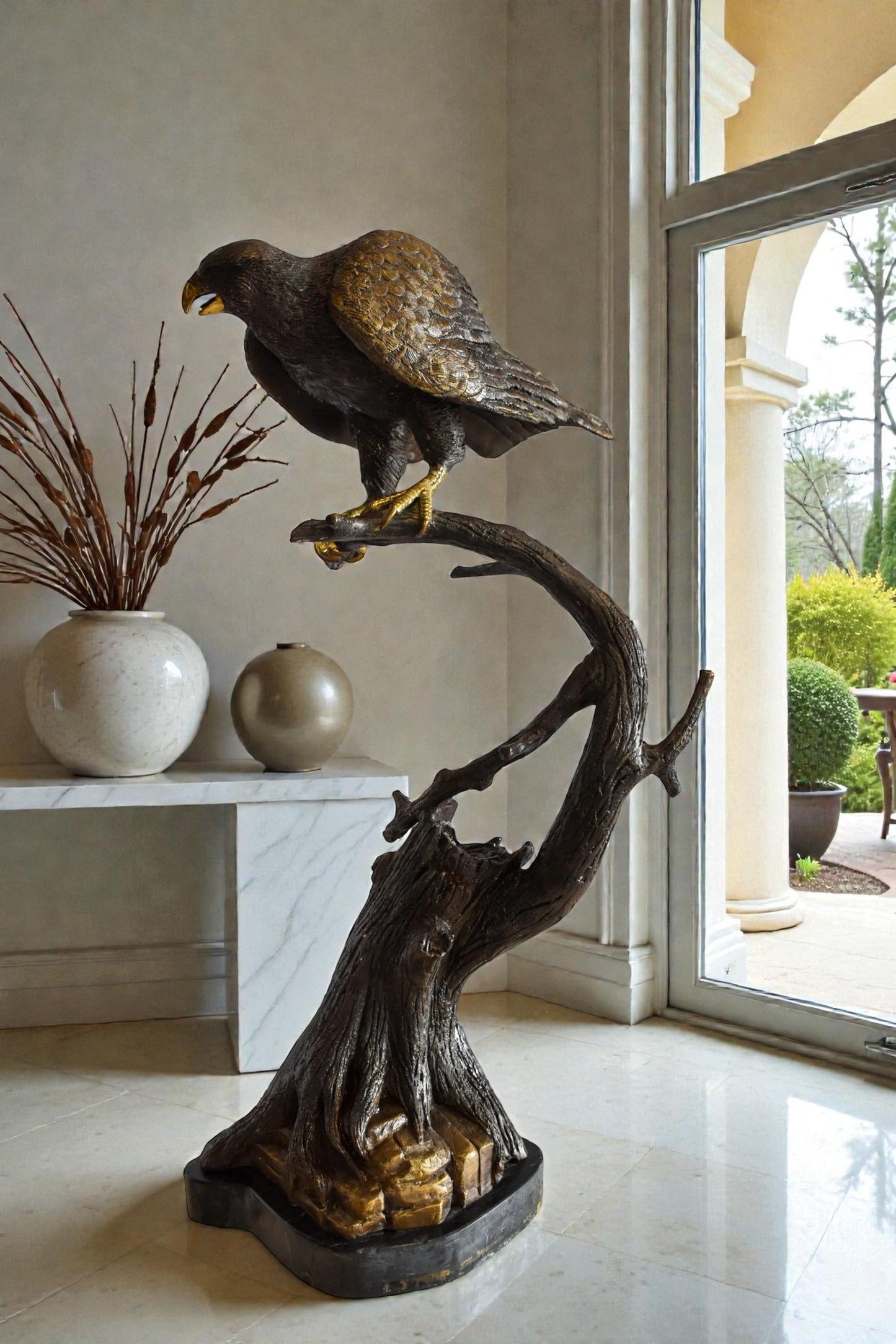 Observant Hawk on Arched Branch Bronze Statue 17" x 19" x 32"H