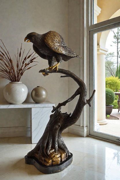 Observant Hawk on Arched Branch Bronze Statue 17" x 19" x 32"H