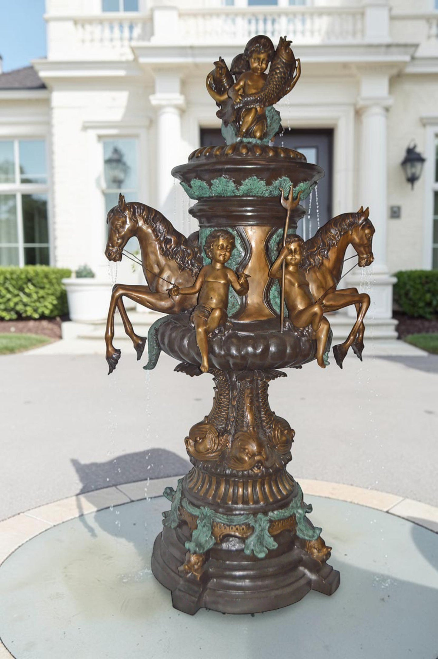 Seven feet tall Bronze, Tiered Outdoor pond Fountain - Size: 46"L x 46"W x 84"H.