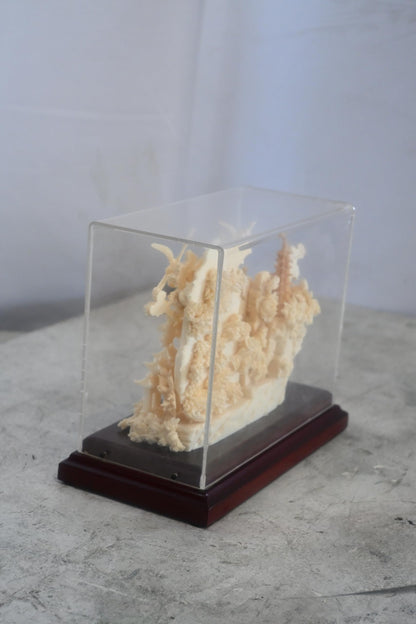 Carved Resin Chinese Sailing Junk Ship Diorama in Case 8"x4"x7"H