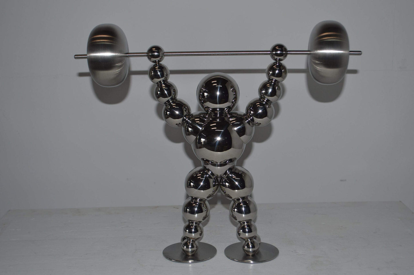 Modern Art Weightlifter Up Position Chrome Balls Statue - Size: 20"x5"x17"H