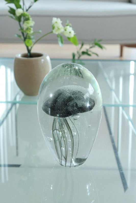 NIFAO Glass Jellyfish Paperweight Clear Black Ocean Art Decor 4" x 4" x 7"H