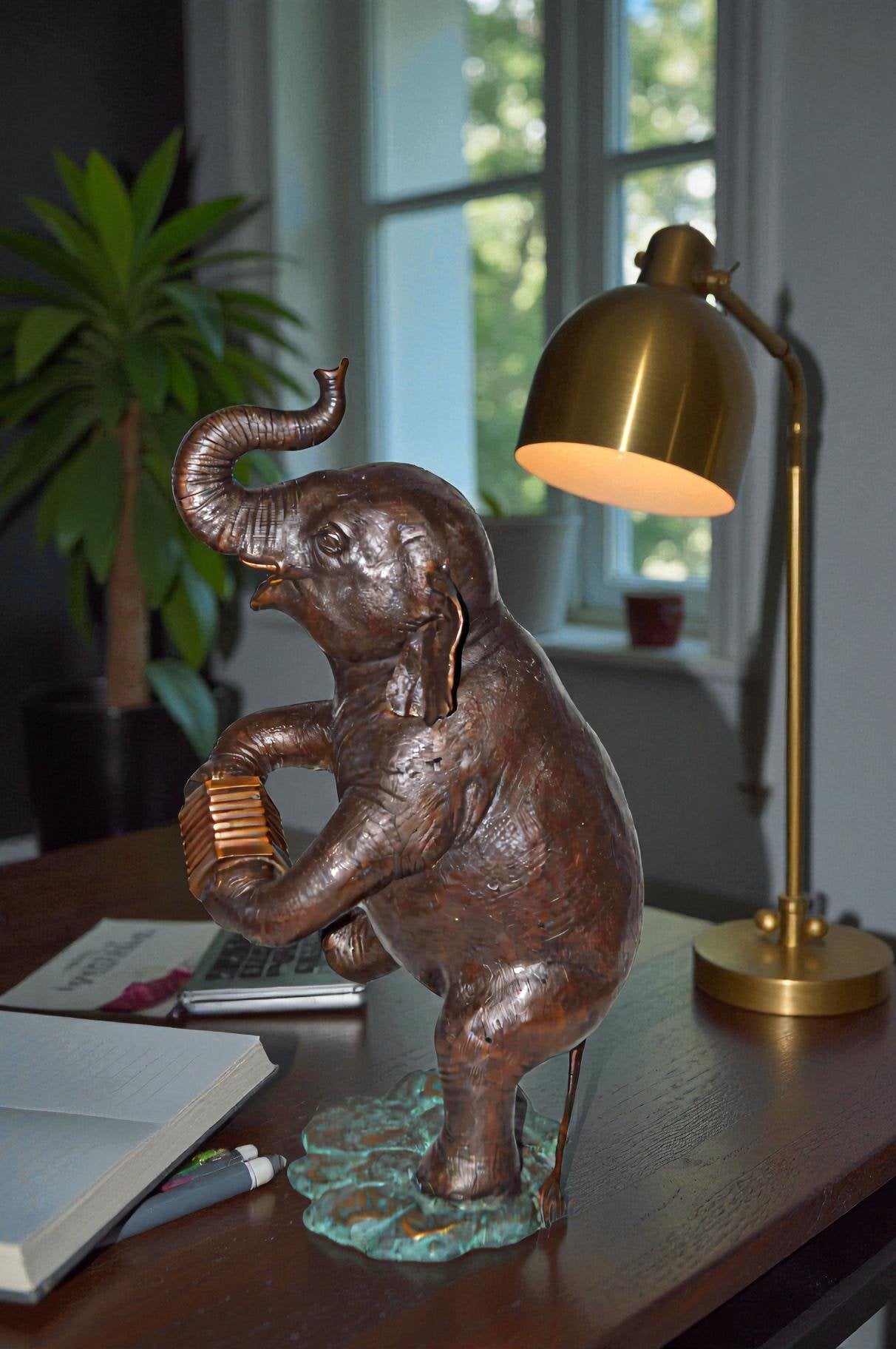 Circus Elephant Dance and Play the Accordion Bronze Statue - 13" x 11" x 22"H