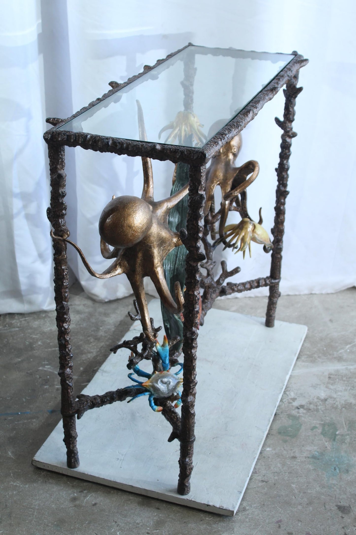 NIFAO Aluminum Octopus Console Table with Glass Top Coastal Art 34" x 15" x 33"H