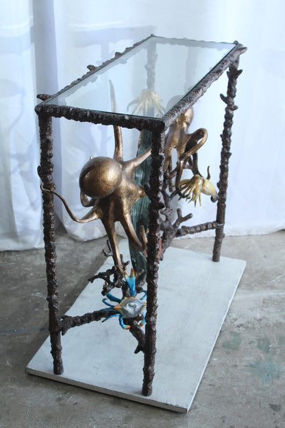 NIFAO Aluminum Octopus Console Table with Glass Top Coastal Art 34" x 15" x 33"H