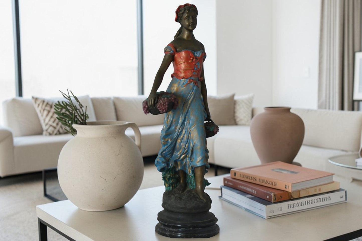 Beautiful lady with grapes bronze statue  - Size: 14"L x 6"W x 20"H.