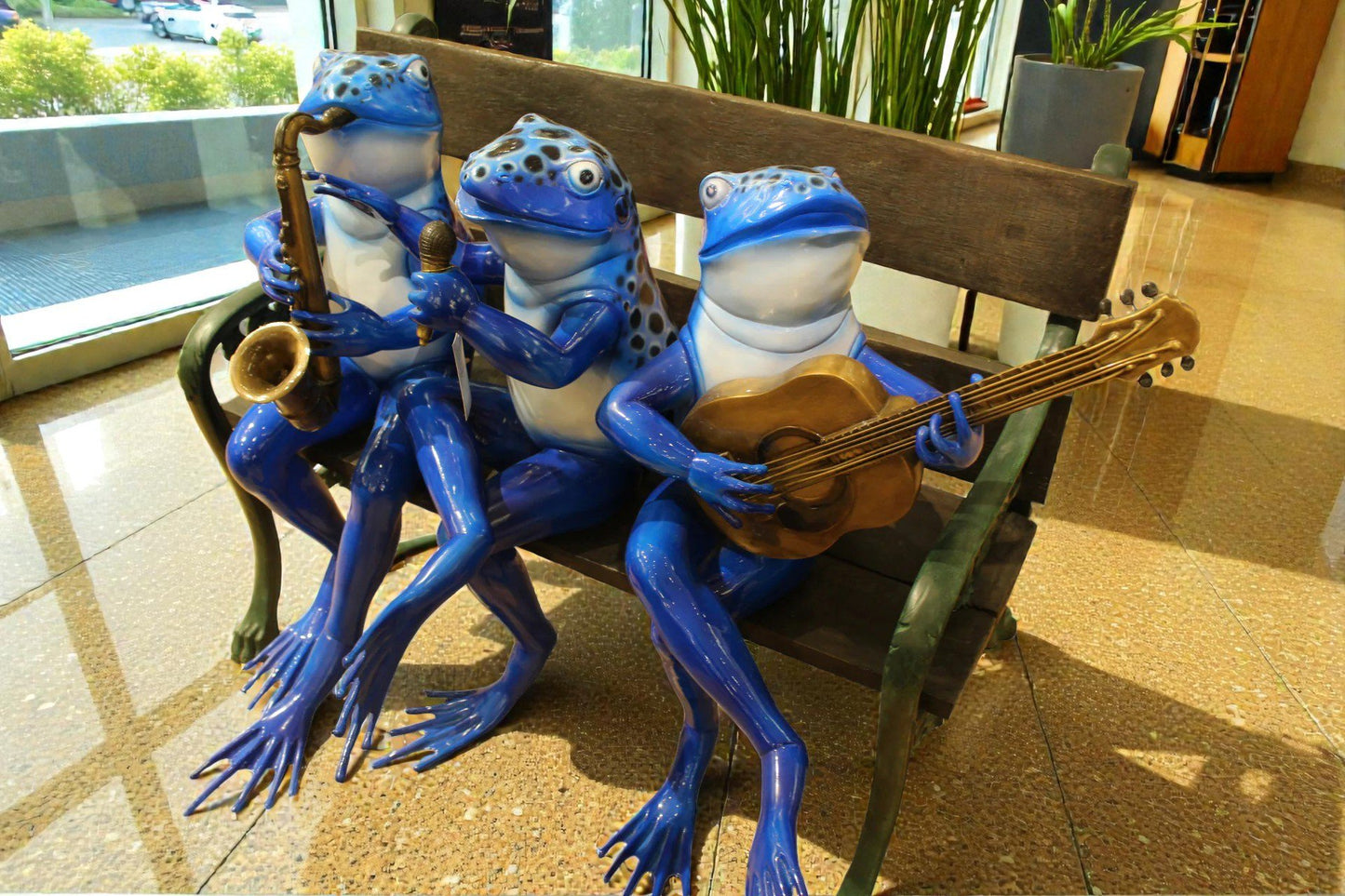 Musical Frogs on a Bench Bronze Statue -  Size: 41"L x 23"W x 33"H.