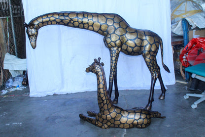 Life Size Bronze Giraffes Statues, One Laying, One Standing 77" x 21" x 58"H