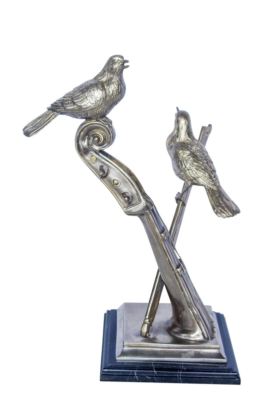 Creative Art, Violin and Two Birds, Bronze Statue in Silver Finish 12 x 8 x 19"H