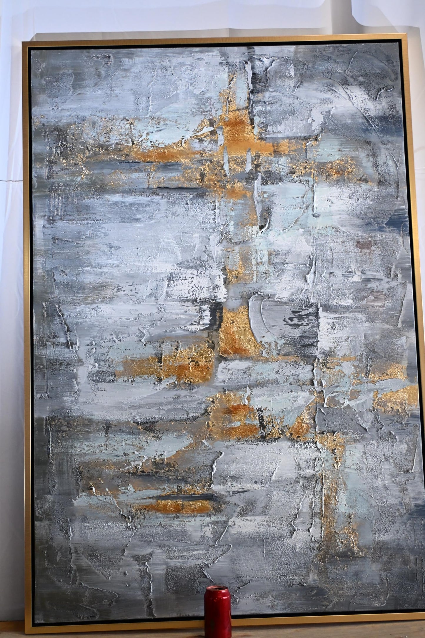 Velvet Dream Abstract Canvas Painting Gray Gold Framed Art 41"x61"
