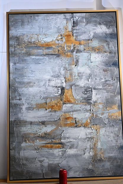 Velvet Dream Abstract Canvas Painting Gray Gold Framed Art 41"x61"