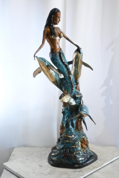 Bronze Mermaid with Dolphins on Coral Reef Sculpture 25"x16"x43"H