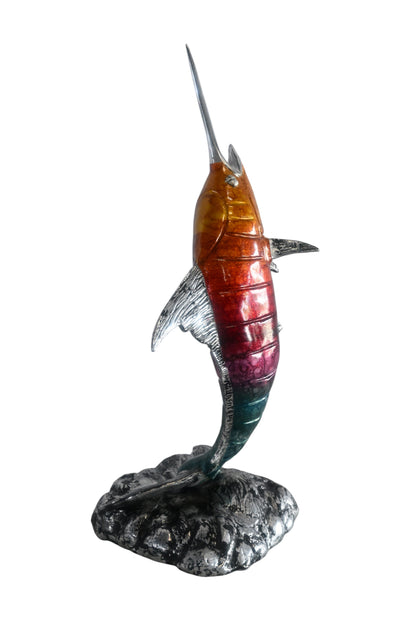 Leaping Swordfish Statue on Wave Base Aluminum Sea Decor 8"x10"x20"H
