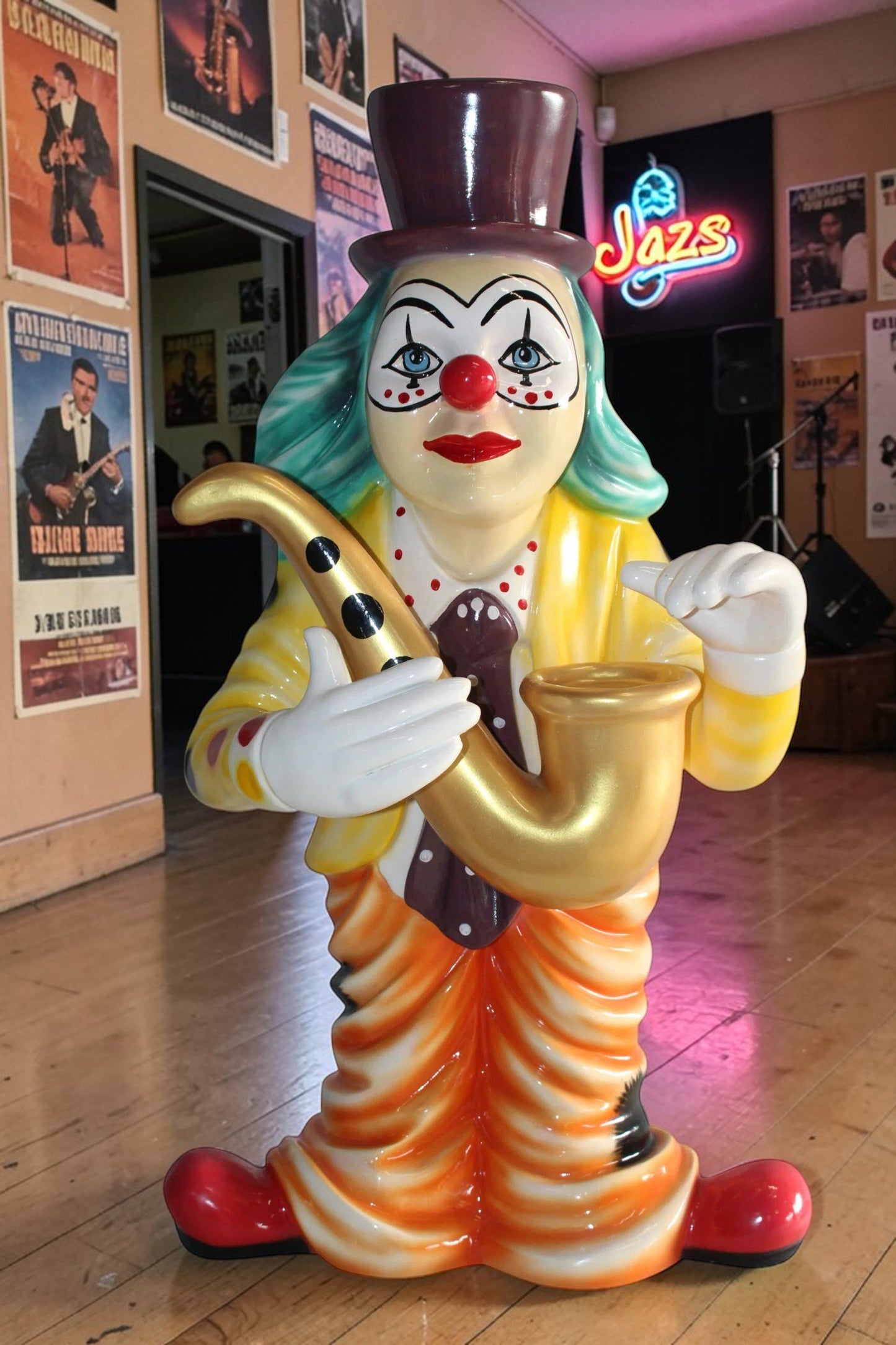 Whimsical Clown Fiberglass Statue, Jazzing Up with Saxophone 19" x 18" x 36"H