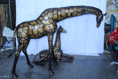 Life Size Bronze Giraffes Statues, One Laying, One Standing 77" x 21" x 58"H