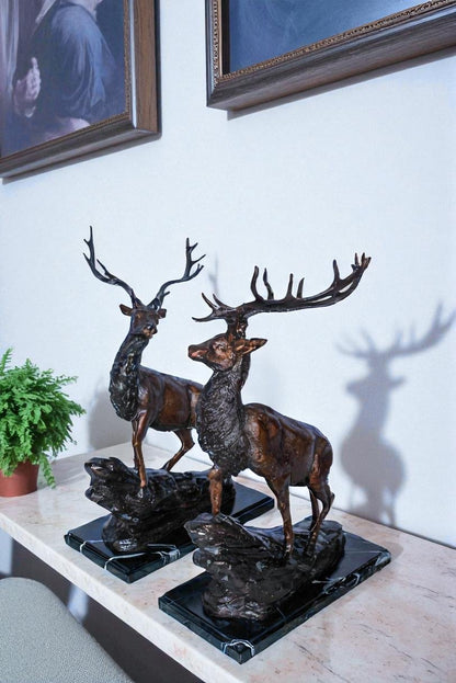 Bronze Pair of Deer Statues on Marble Base Lost Wax Method 15" x 10" x 21"H