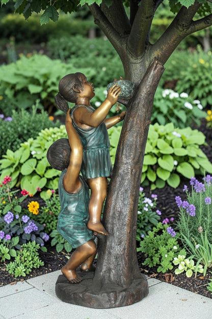 Two Kids Climbing on a Tree Bronze Statue -  Size: 17"L x 17"W x 46"H.