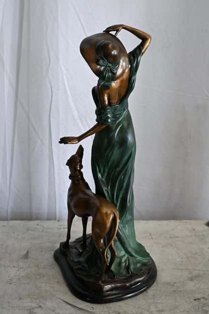 Art Deco Woman with Greyhound Bronze Statue Figurine 12"x10"x24"H