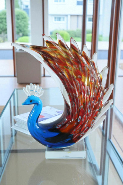 NIFAO Glass Peacock Figurine Hand Blown Art Glass on Clear Base 8" x 3" x 10"H