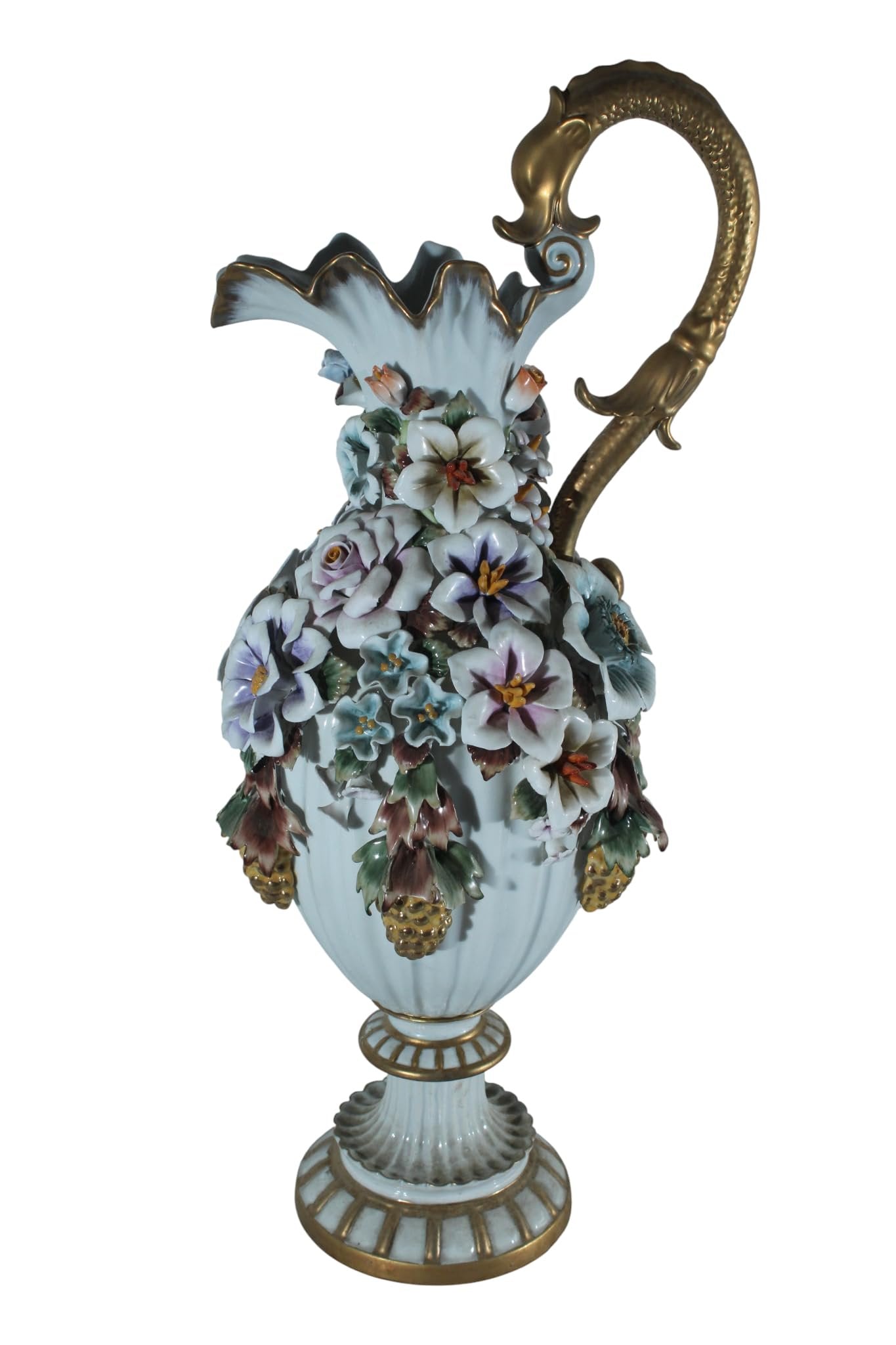 Porcelain Floral Ewer vase Ornate Handle 10"x7"x22"H