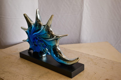 Modern Blue Chrome Sea Urchin Resin Statue on Black Base 17" x 4" x 12"H