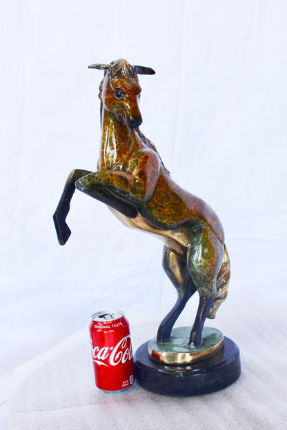 Colored rearing horse bronze statue -  Size: 14"L x 7"W x 21"H.