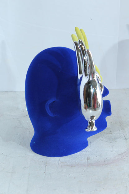 NIFAO Resin Blue Velvet Head Statue with Yellow and Silver Hand Design 12" x 8" x 12"H