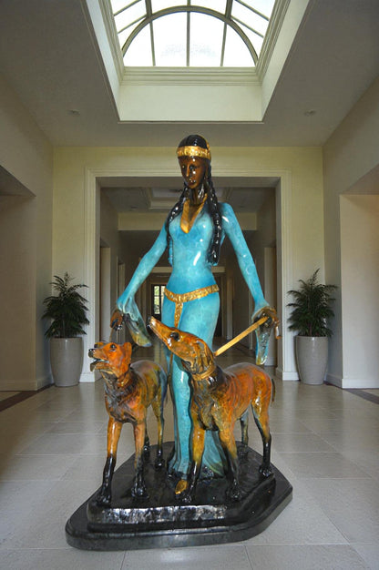 Lady with Her Two Dogs Bronze Statue -  Size: 18"L x 12"W x 23"H.
