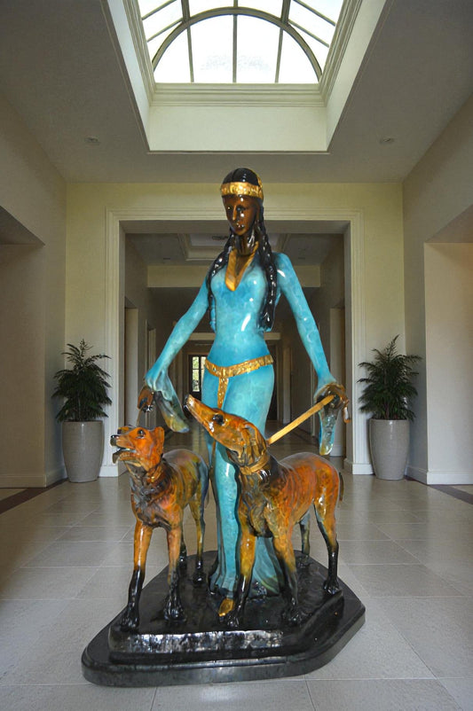 Lady with Her Two Dogs Bronze Statue -  Size: 18"L x 12"W x 23"H.