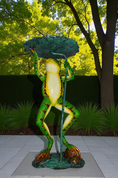 Frog with Umbrella Colored Fountain Bronze Statue -  Size: 22"L x 22"W x 43"H.