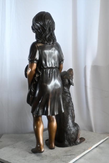 Bronze Girl with Dog Statue Standing Child and Pet Sculpture 23"x13"x39"H