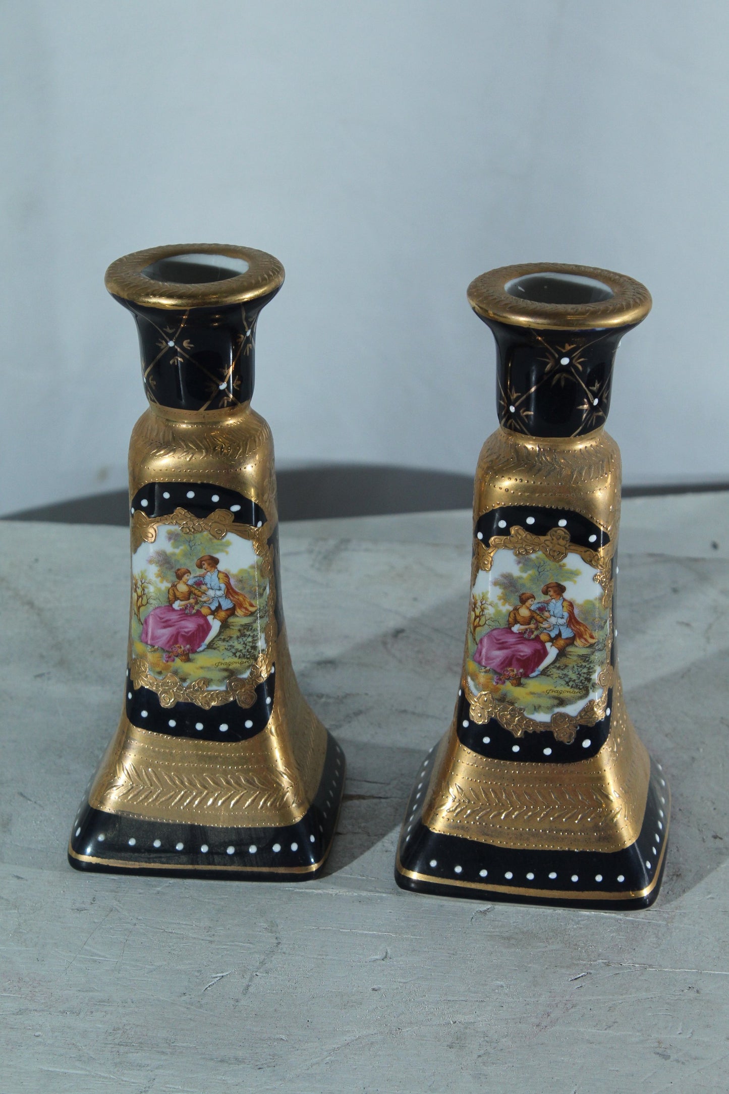 Porcelain Pair Candlestick Holders Black Gold Courting Scene 8"x4"x9"H