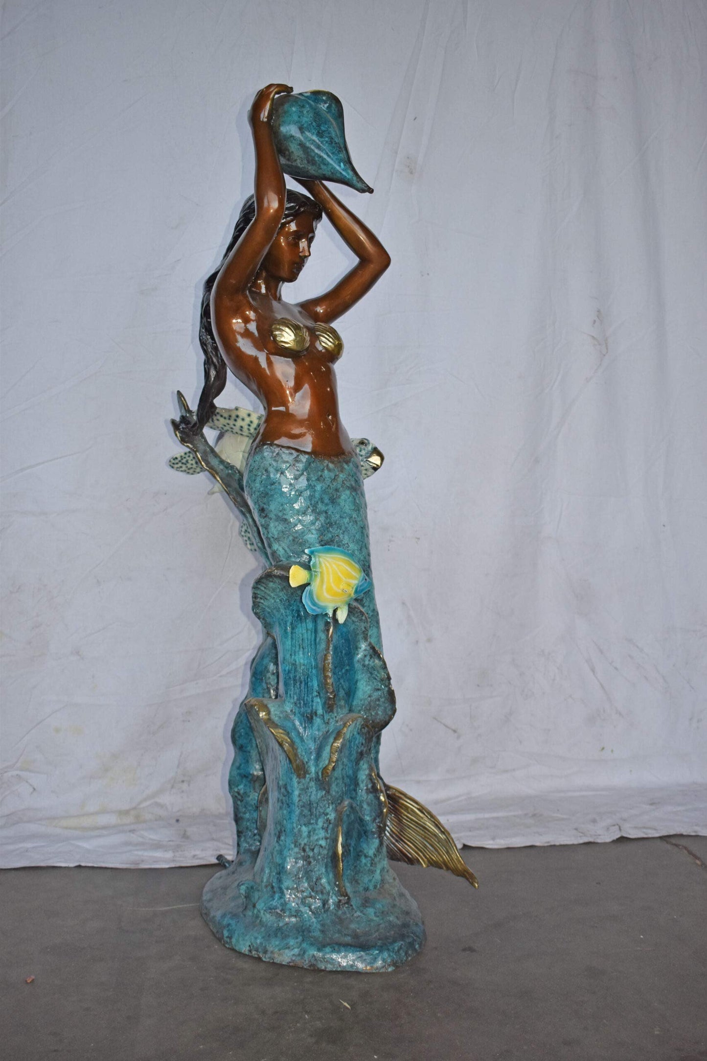 Mermaid Holding a Shell Fountain W Turtle Bronze Statue - Size: 32" x 19" x 60"H