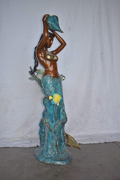 Mermaid Holding a Shell Fountain W Turtle Bronze Statue - Size: 32" x 19" x 60"H