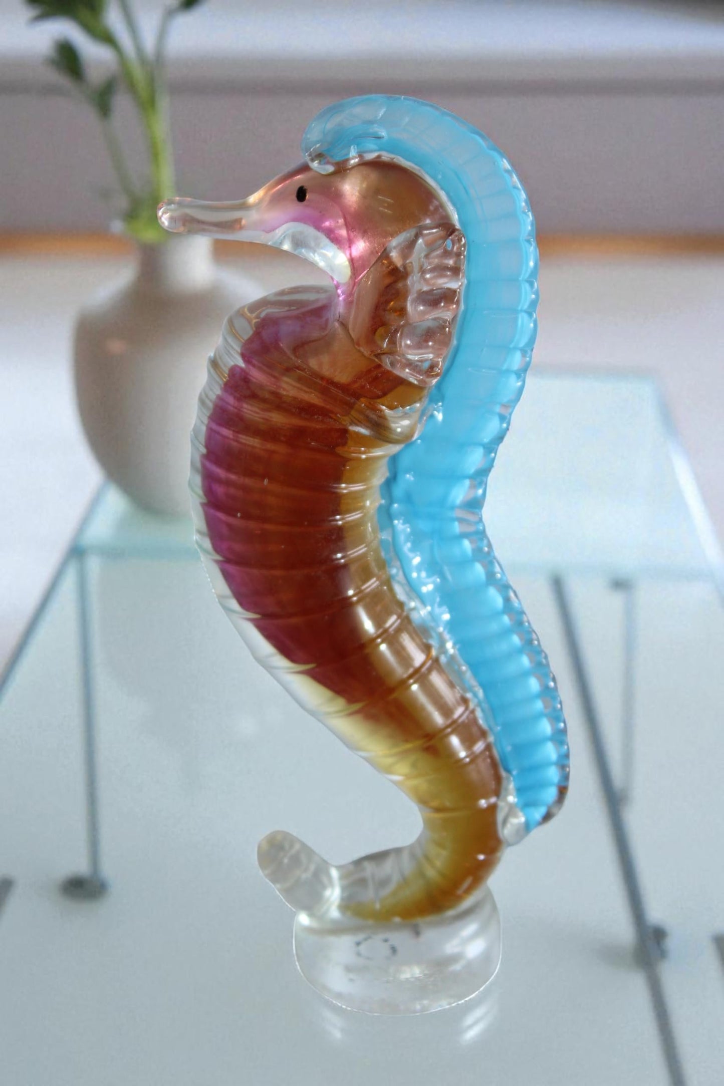 NIFAO Glass Seahorse Figurine Hand Blown Art Glass Coastal Decor 4" x 4" x 10"H