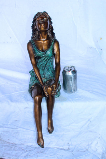 Graceful Young Woman Sitting on the Ledge Bronze Statue 13" x 7" x 23"H