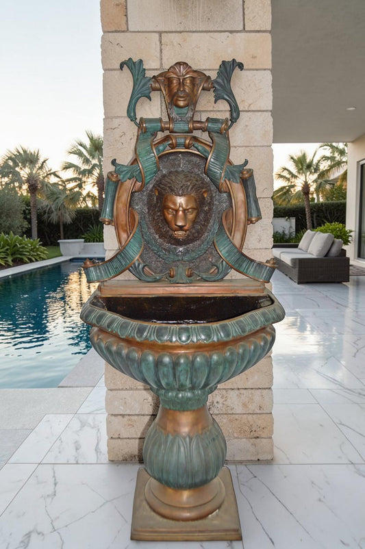 Lion Head Wall Fountain made of Bronze Statue - Size: 32"L x 22"W x 70"H.