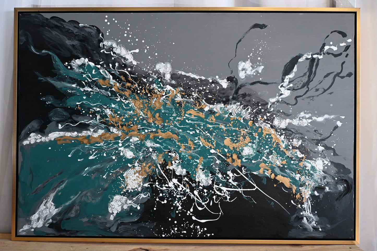 Splash of Green Abstract Canvas Painting Teal Gold Framed 41"x61"