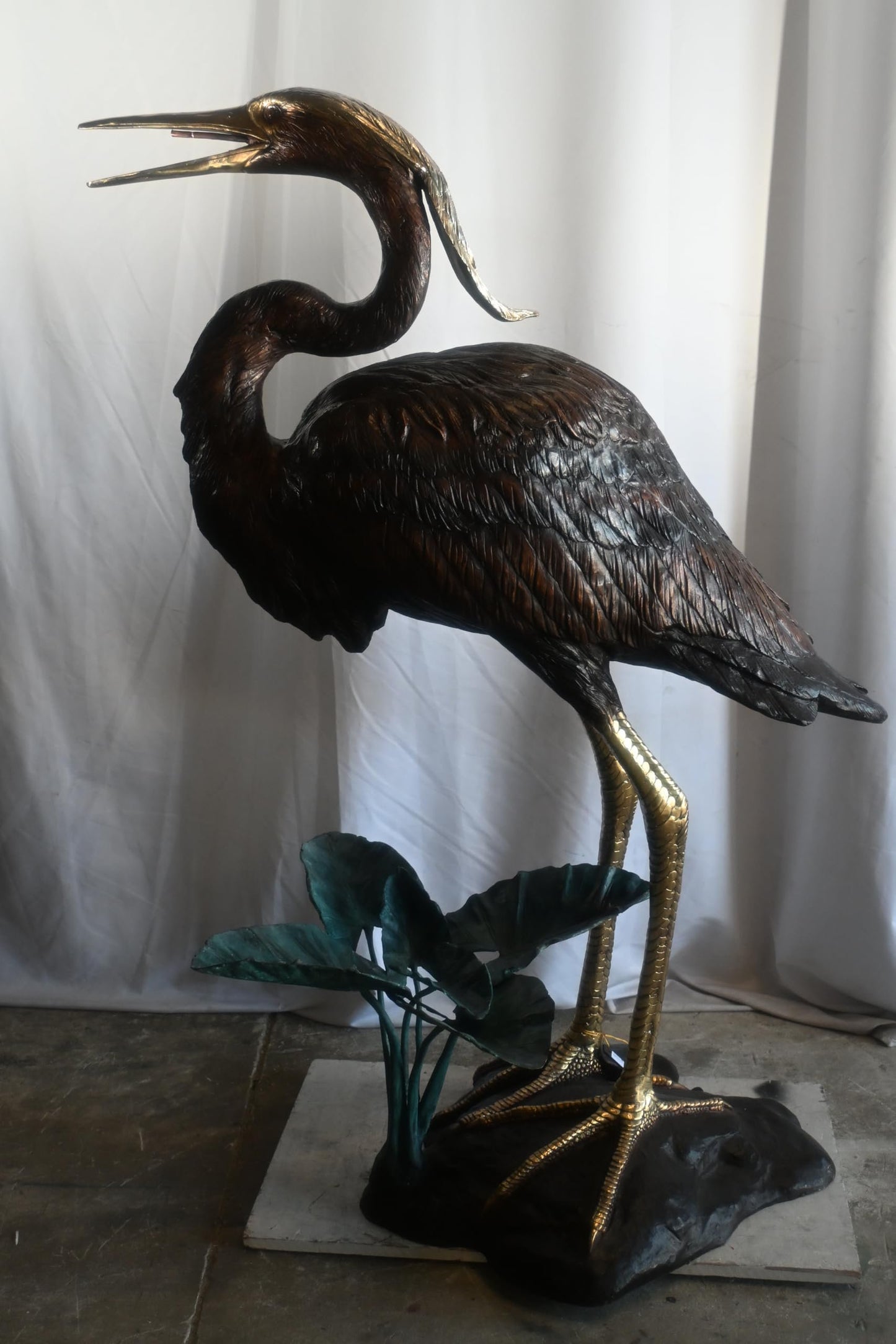Large Bronze Heron Fountain Sculpture with Lily Pad Base 40"x29"x60"H
