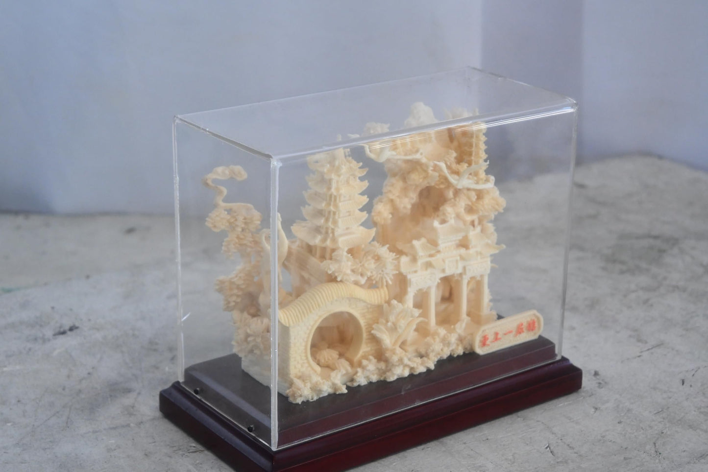 Carved Resin Chinese Garden Scene with Bridge in Case 8"x4"x7"H