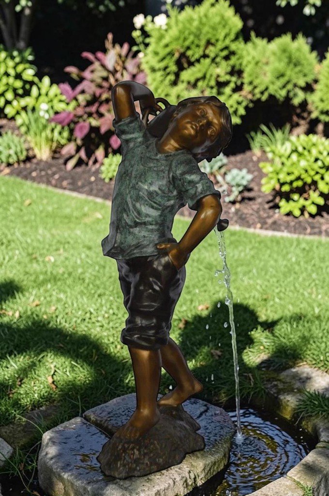 Young Boy Holding a Watering Can Bronze Fountain -  Size: 25"L x 17"W x 41"H.