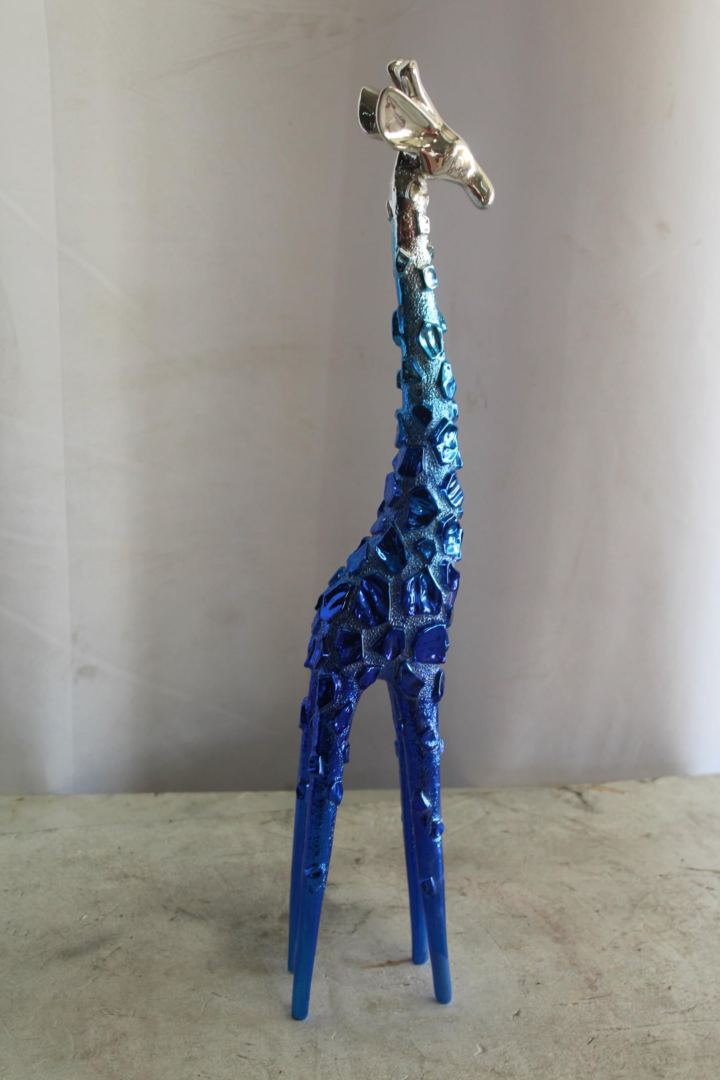 NIFAO Resin Blue Giraffe Sculpture with Chrome Head 30 Inches 4"x6"x30"H