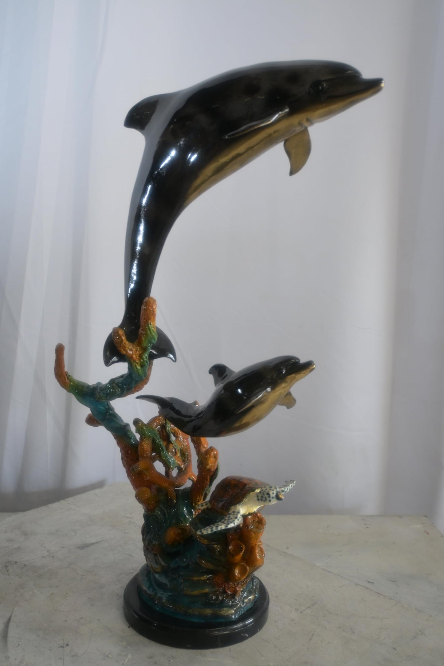 Bronze Dolphin Pair and Sea Turtle Coral Reef Sculpture 15"x9"x29"H