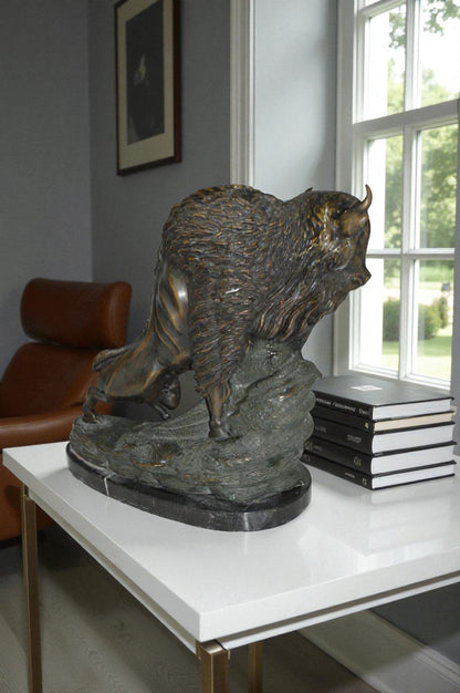 Bison Bronze Statue -  Size: 7"L x 14"W x 15"H.