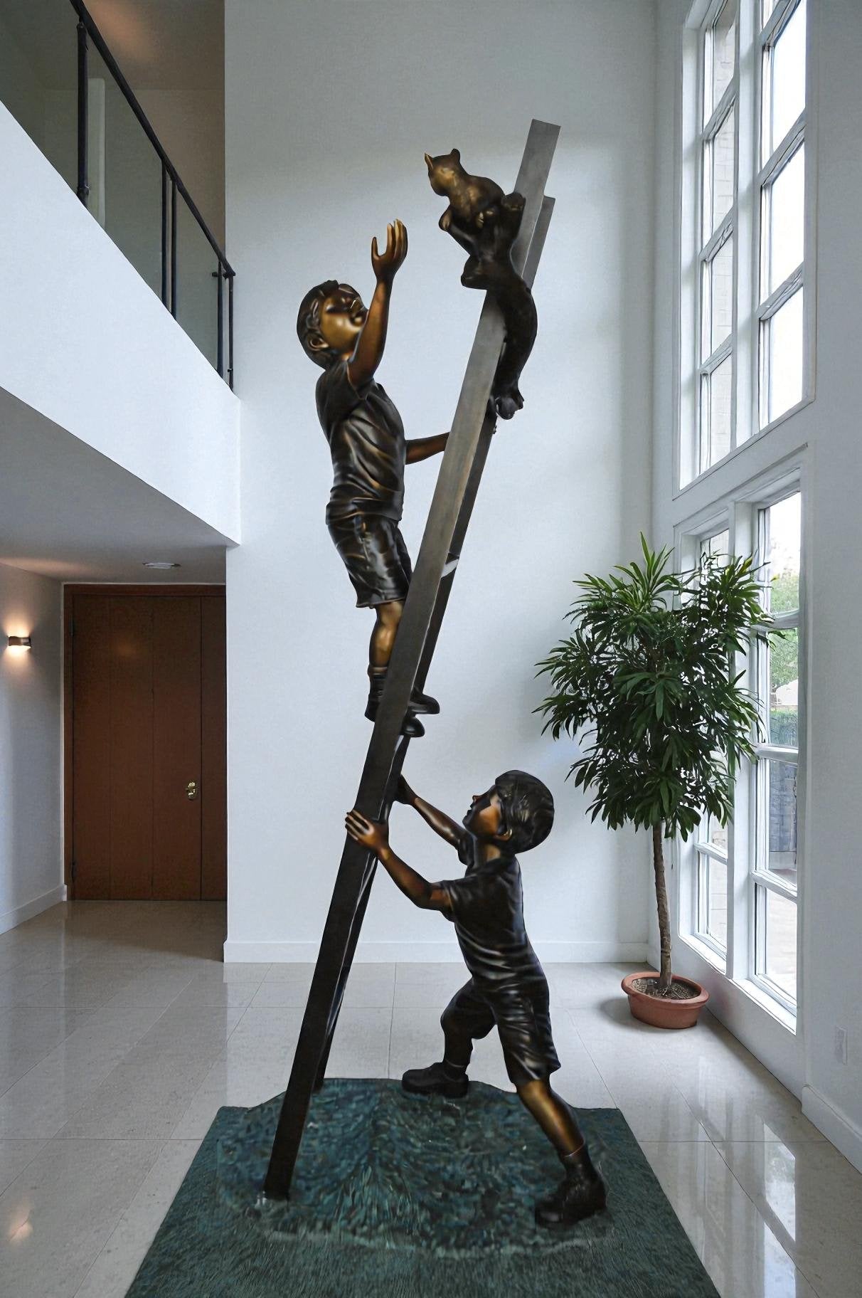 Two Kids Climb a Ladder Saving a Cat Bronze Statue -  Size: 35"L x 24"W x 81"H.