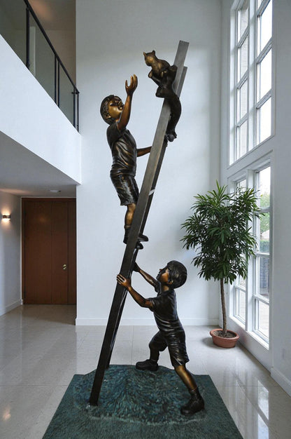 Two Kids Climb a Ladder Saving a Cat Bronze Statue -  Size: 35"L x 24"W x 81"H.