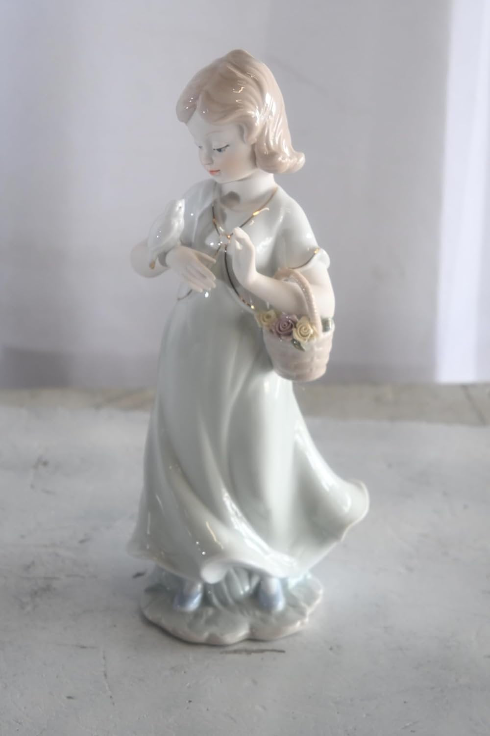 Porcelain Girl with White Doves and Flower Basket Statue 6"x4"x12"H